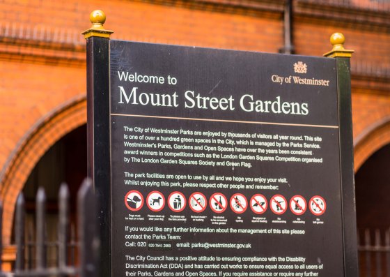 The entrance sign board at one end of Mount Street itself with a delightful write up on the trees and flowers of the garden